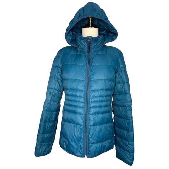 Abercrombie & Fitch Women’s Small Light Puffer Jacket Teal Removable Hood - Picture 2 of 8